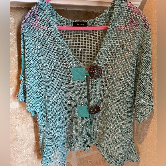 Kaktus Sweaters - Kaktus Turqouise Open Weave Boxy Asymmetrical cardigan artsy lagenlook M